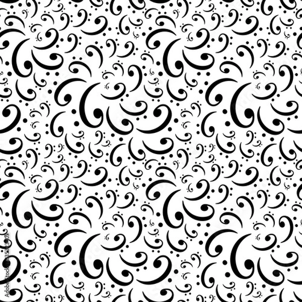 Fototapeta Bass clef music symbols in rotation floating over white backdrop seamless pattern. Elegant surface art texture in black and white for use in fabric or graphic design or printing on various surfaces.