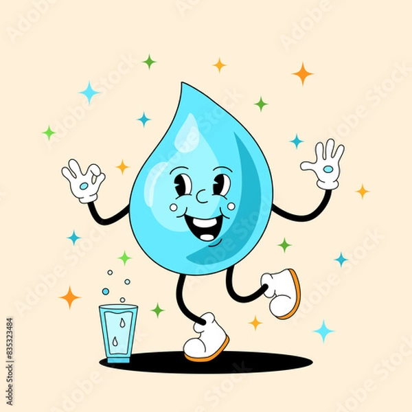 Fototapeta Comic flat nice Water Drop with face on decorated background. Vector cartoon illustration in groovy retro style with glass. Image of cute happy drinking character with smile for poster or template