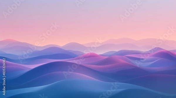 Fototapeta Wide view of a digital landscape with gradient hills at dusk, emphasizing serene and futuristic vibes. Ideal for visual themes of calm and innovation