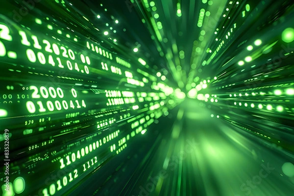 Obraz vibrant neon green binary code streaming rapidly. conveys rapid technological advancement in the 21st century. generative ai