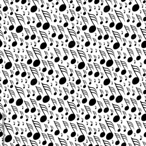Fototapeta Thirty second note musical symbols varying in size and placed diagonally over white in seamless pattern. Surface art texture for use in fabric or graphic design or printing on various surfaces.