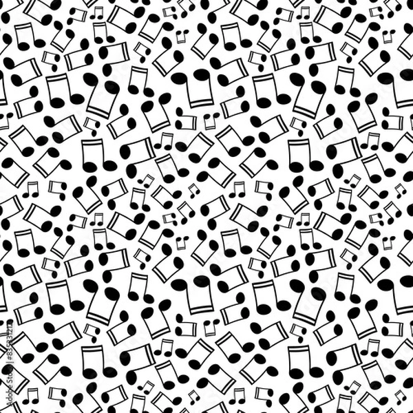 Fototapeta Beam music notes floating over white background. Seamless pattern in black and white for use in fabric or graphic design or printing on various surfaces.