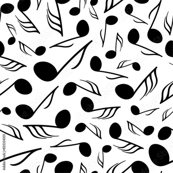 Fototapeta Monochrome vector seamless pattern with differently sized music notes floating over a white backdrop. Surface art design in black and white for use in fabric or graphic design. 