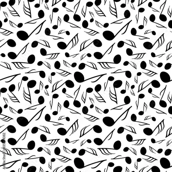 Fototapeta Monochrome seamless pattern with differently sized music notes floating over a white backdrop. Surface art design in black and white for use in fabric or graphic design. 