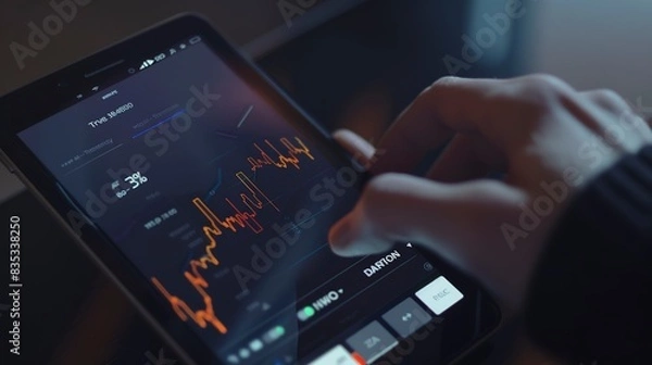Fototapeta Close-up of an investment app displaying stock market trends, user scrolling through growth charts. 