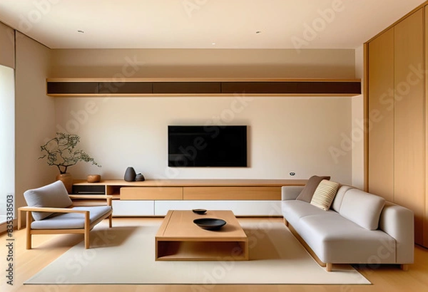 Fototapeta living room in a modern minimalist style with a sofa, and a TV wall made of oak and Japanese style,