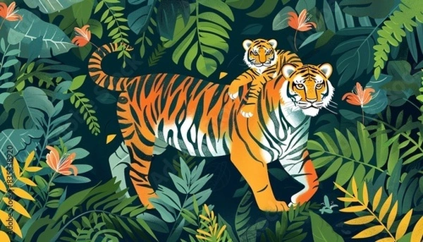 Fototapeta Father Tiger and Cub Flat Illustration for Fathers Day with Animal Theme