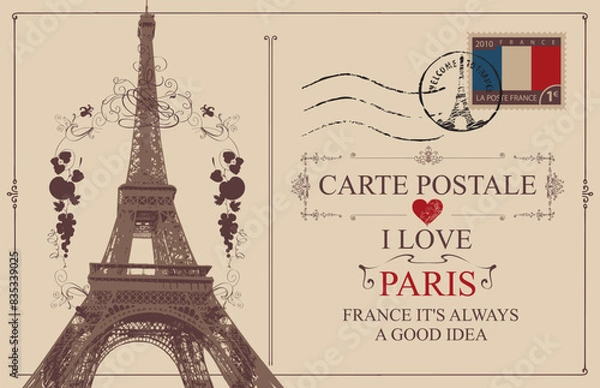 Fototapeta Retro postcard with Eiffel tower in Paris, France. Romantic vector postcard in vintage style with rubber stamp, postal stamps and words I love Paris on background of old paper