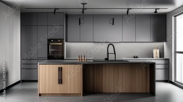 Obraz A minimalist country kitchen with grey cabinets, a light wood island, and black fixtures, creating a sleek and modern space.