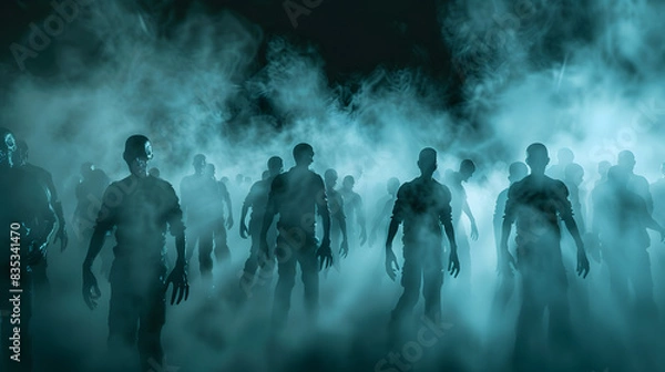 Obraz Zombie horde silhouette background with misty fog and a dark sky, in the style of a Halloween concept