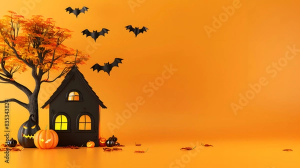 Obraz Cute halloween house, pumpkin, bats, and tree on orange background with copy space, minimalistic style, banner design