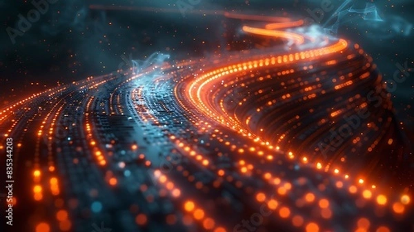 Fototapeta A high-tech illustration of binary code streams flowing through a futuristic landscape, with glowing white and orange digits, embedded within a sleek, metallic structure.