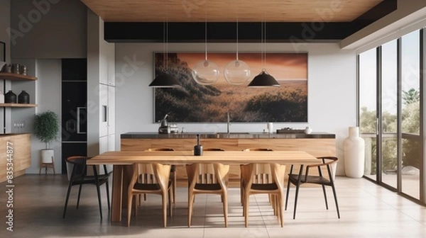 Fototapeta photo of a modern kitchen with large oakwood dining table and a large architectural photo or landscape photo hanging on the wall