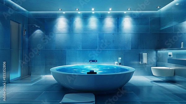 Fototapeta bathroom in blue --ar 16:9 Job ID: 02d380c2-b1ac-4493-88e9-fbb848e36605