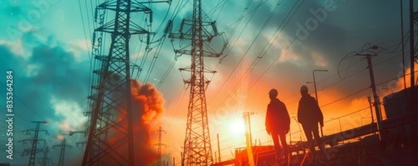 Fototapeta Silhouettes of two people near high voltage pylons at sunrise or sunset with a dramatic colorful sky in the background.