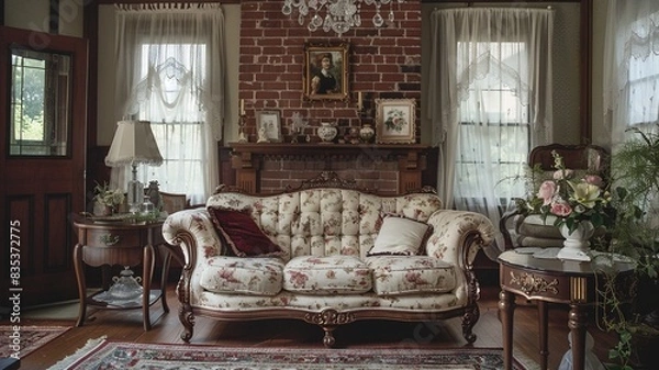 Fototapeta Experience the cozy charm of a classic American living room complete with a coffered ceiling, a traditional mantel adorned with family photos, and a comfortable leather recliner