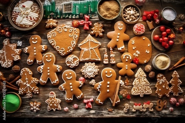 Fototapeta Festive assortment of decorated gingerbread cookies on a wooden table, surrounded by holiday baking ingredients and utensils, colorful and cheerful, top view