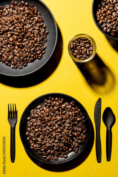 Fototapeta Overhead table setting with coffee beans in all the dishes on a yellow background, coffee concept, bold
