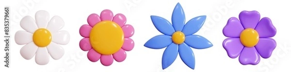 Fototapeta Cute plastic 3d flowers top view with colorful pastel petals. Render illustration set of spring or summer abstract plasticine bubble bloom. Season puffy soft blossom floral design elements.