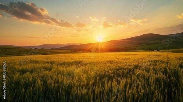 Fototapeta Field with hills and setting sun