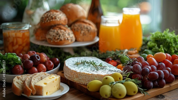 Fototapeta Festive brunch table with a variety of breads, cheeses, fruits and fresh juices 