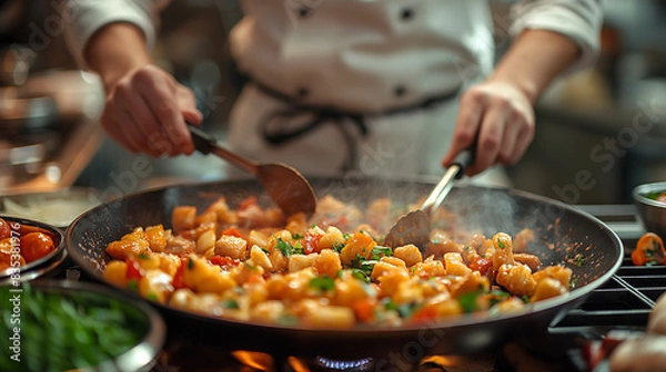 Fototapeta Male chef preparing a delicious meal in a professional kitchen, capturing the action and movement