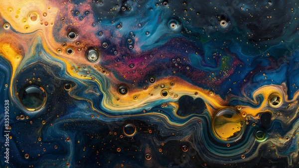 Fototapeta colorful oil droplets floating on water, creating intricate patterns.