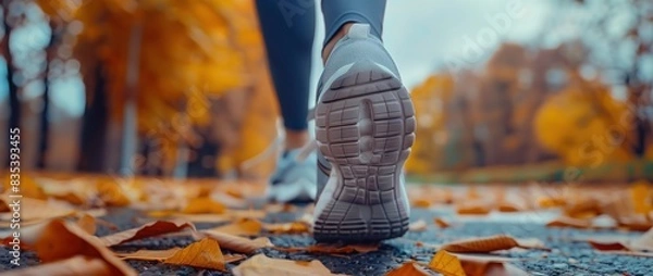 Fototapeta Close up of a woman's legs in sportswear walking on the street, with autumn leaves lying around