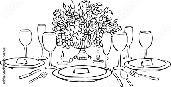 Fototapeta Ilustración vectorial de paisaje de mesa con copas y flores. Arte en líneas de mesa de cena. Dibujo a mano de mesa para diseño de invitaciones, branding papelería, imprimibles, redes sociales