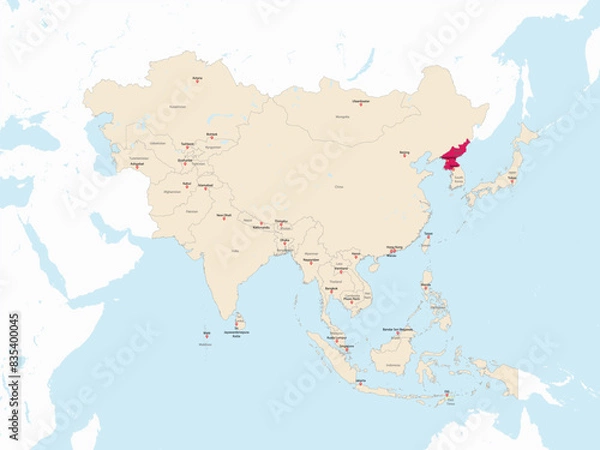 Fototapeta Highlighted red map of NORTH KOREA inside light red detailed political map of Asia using orthographic projection on white and blue background