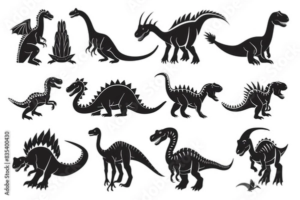 Fototapeta A set of dinosaur silhouettes against a dark background, ideal for use in educational materials or prehistoric-themed designs