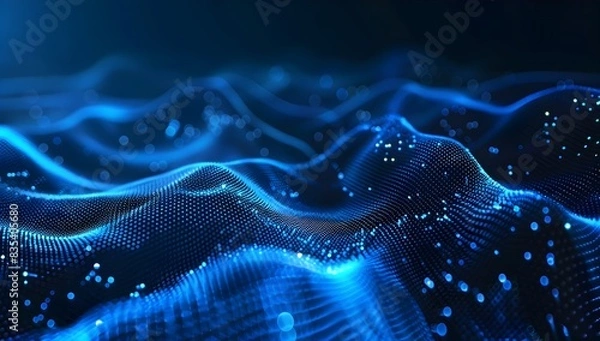 Fototapeta Abstract blue digital background with a wave of dots, hi-tech design for a banner or poster
