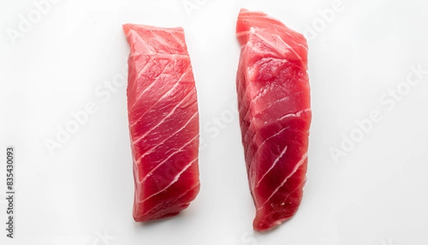 Fototapeta Two raw tuna fillets on white background, top view