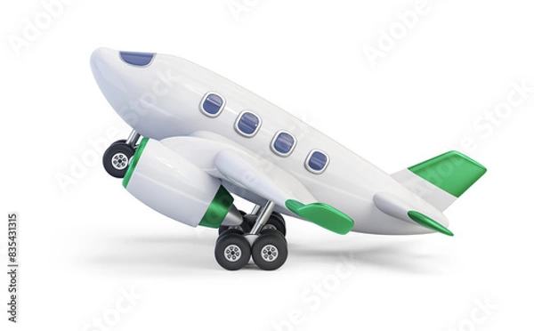 Fototapeta Taking off airplane with green decor isolated on transparent background. 3D render left view