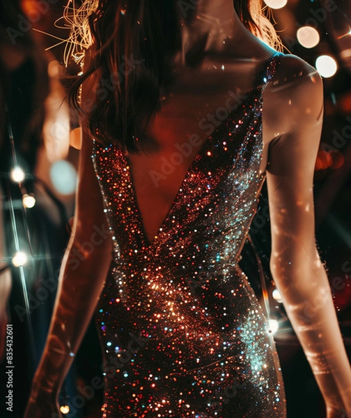 Fototapeta Party elegant attractive girl in a sparkling glitter dress is getting ready to go out to the night club. An elegant, seductive dress for a night out.
