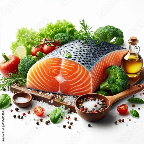 Obraz vegetables and salmon on white background
