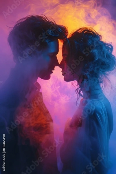 Fototapeta A surreal image of a couple in intimate embrace surrounded by dreamy purple smoke