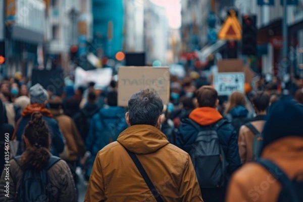 Fototapeta A crowd of people protesting with signs in an urban environment, with the focus on a person in a yellow jacket
