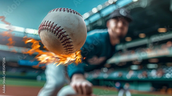 Fototapeta close-up on a fastball baseball throw with a professional baseball player on the background