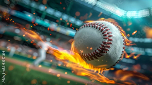 Fototapeta close-up on a fastball baseball throw with a professional baseball player on the background