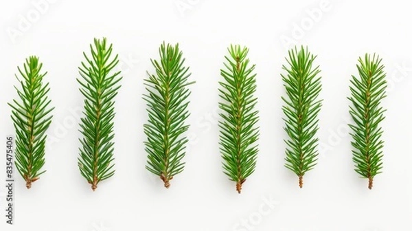 Fototapeta Green Pine Needles Isolated on White Background, Generative AI
