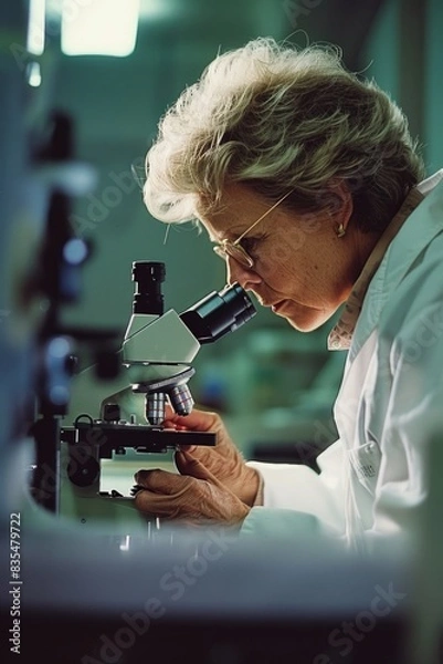 Obraz A scientist looks at a sample under the microscope