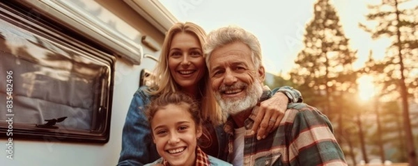 Obraz A happy family bonding during an outdoor camping adventure near their camper vehicle.