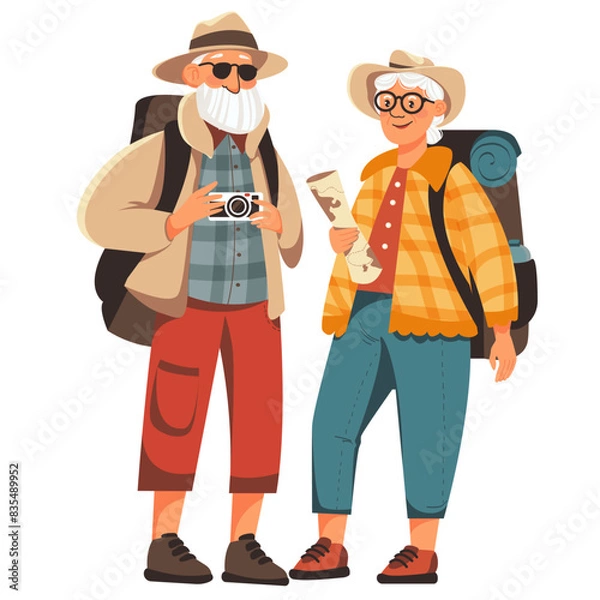 Fototapeta An elderly couple spends time outdoors. Vector illustration of a cartoon happy elderly man and woman hiking with backpacks and tent. Isolated on white background