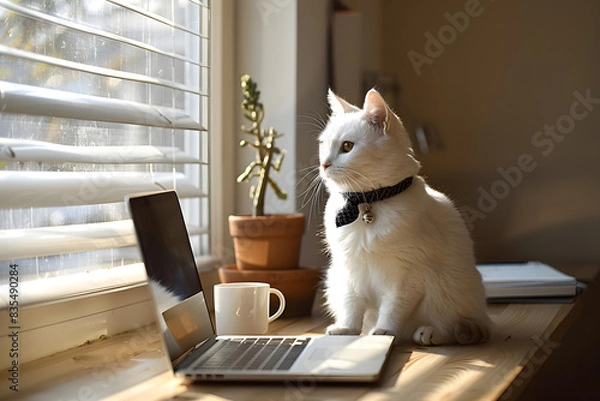 Fototapeta Cat businessman with black and white tie on modern office desk with laptop, sunlight streaming through a window. Neutral-colored office space with minimalistic decor, a coffee cup, and a notepad