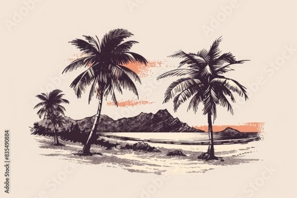 Fototapeta Two palm trees standing tall on a sandy beach, surrounded by calm waters and clear blue sky