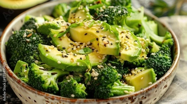 Fototapeta Broccoli and avocado salad white vintage bowl . Generative Ai