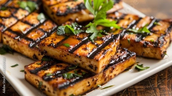 Fototapeta Perfectly Grilled Marinated Tofu with Charred Grill Marks