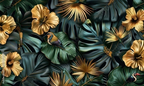 Fototapeta Tropical exotic vintage seamless pattern with gold hibiscus, colibri, banana leaves, palm leaves, colocasia. Hand-drawn 3D illustration