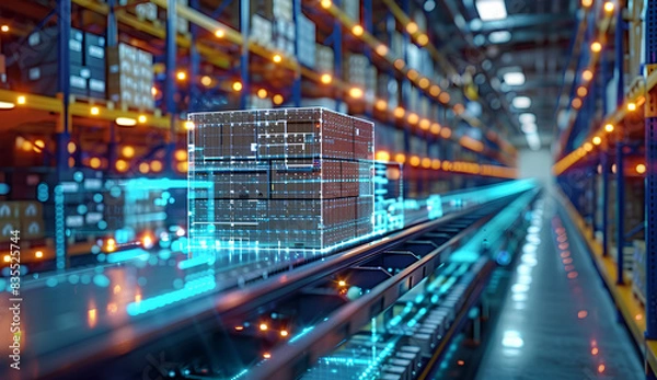 Fototapeta Smart warehouse management system using augmented reality technology to identify package picking and delivery . Future concept of supply chain and logistic business